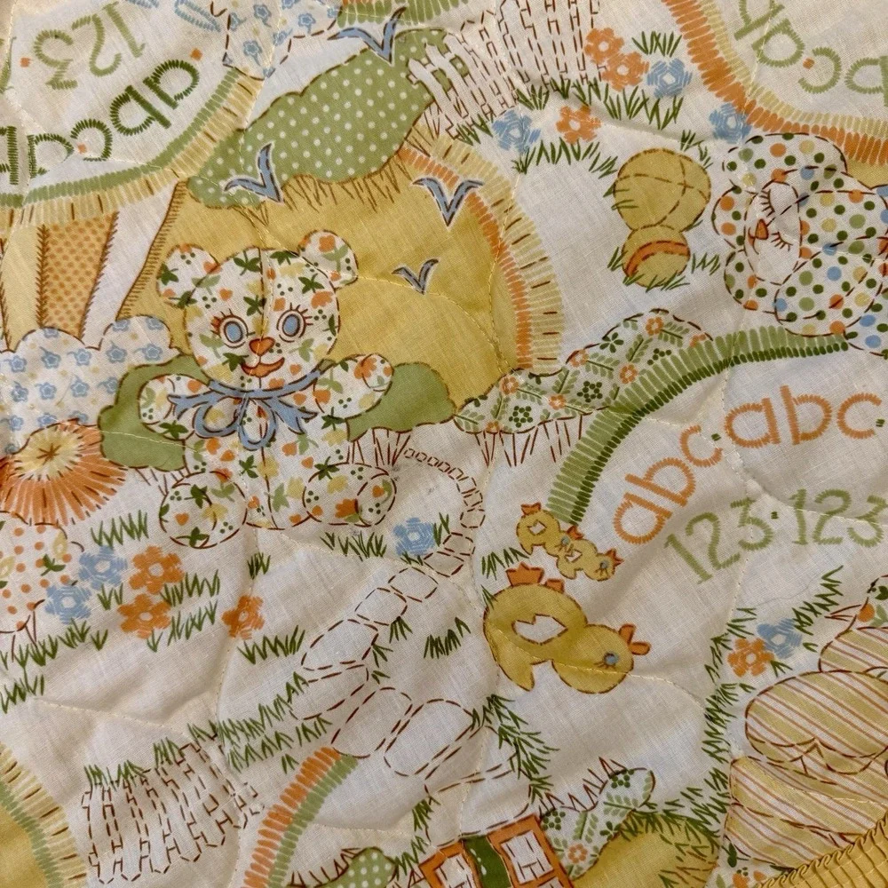 VTG 80s Yellow Baby Blanket Quilt Sears Roebuck & Co Perma-Prest ABC Cat Dog